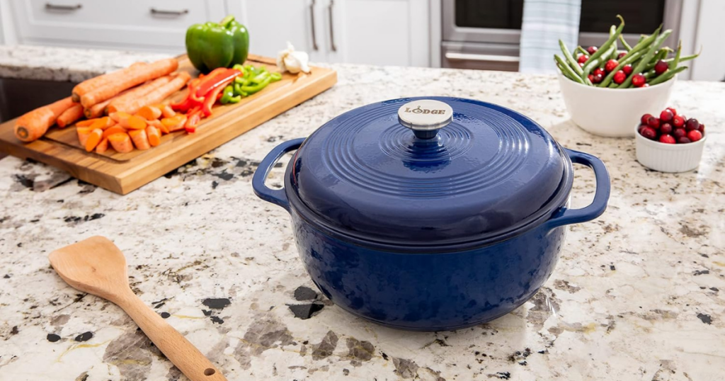 Lodge 6 Quart Enameled Cast Iron Dutch Oven with Lid – Dual Handles – Oven Safe up to 500° F or on Stovetop