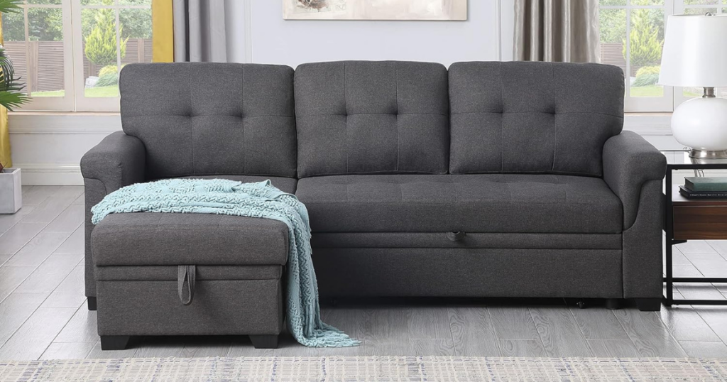 Lilola Home Lucca 84" Dark Gray Linen Reversible Sleeper Sectional Sofa